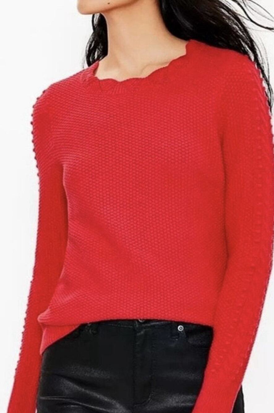 LOFT Red Scalloped Cotton Bob Long Sleeve Sweater Women’s Small Long Bobble Knit